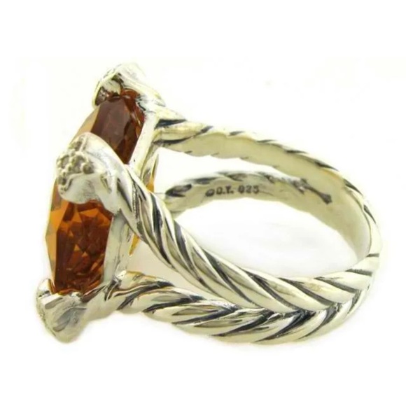 David Yurman Citrine On Point Silver Cable Ring Diamonds 20mm Cushion Cut 6.5 - Picture 4 of 10